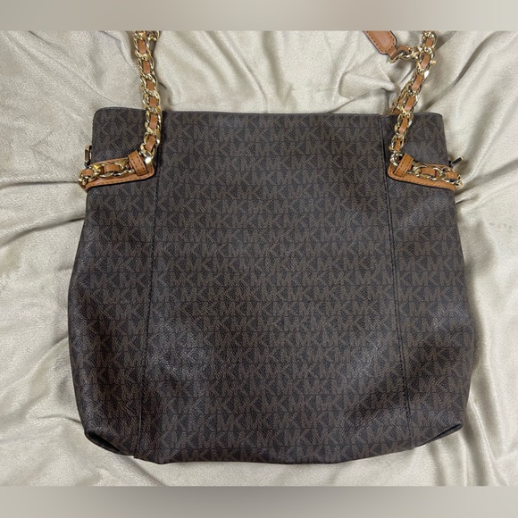 Michael Kors Brown Signature Logo Tote Gold Chain Shoulder Bag - Picture 3 of 11